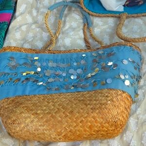 Beach tote bag dangly mirror beads fun straw vacation bag